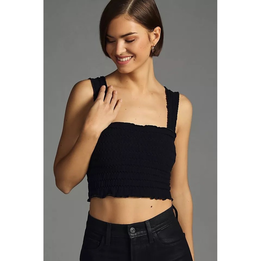 Anthropologie  The Regan Black Smocked Crop Top Sleeveless Tank S/M